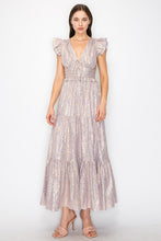 Lavender Metallic Stripe Ruffled Sleeves Midi Dress