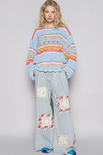 Blue Multi Round Neck Long Sleeve Striped Solid Sweater Top