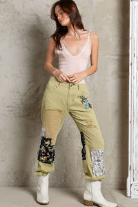 Pistachio Embroidered Patchwork Detail Jogger Pants