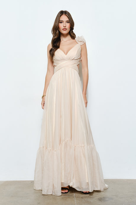 Champagne Organza Shoulder Strap Cutout Lace-up Maxi Dress