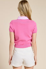 Pink Striped Collar Short Sleeve Knit Top