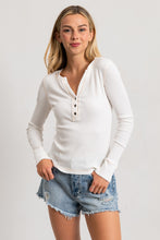 Off White Acid Washed Half Placket Ribbed Knit Top