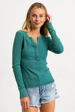 Hunter Green Acid Washed Half Placket Ribbed Knit Top