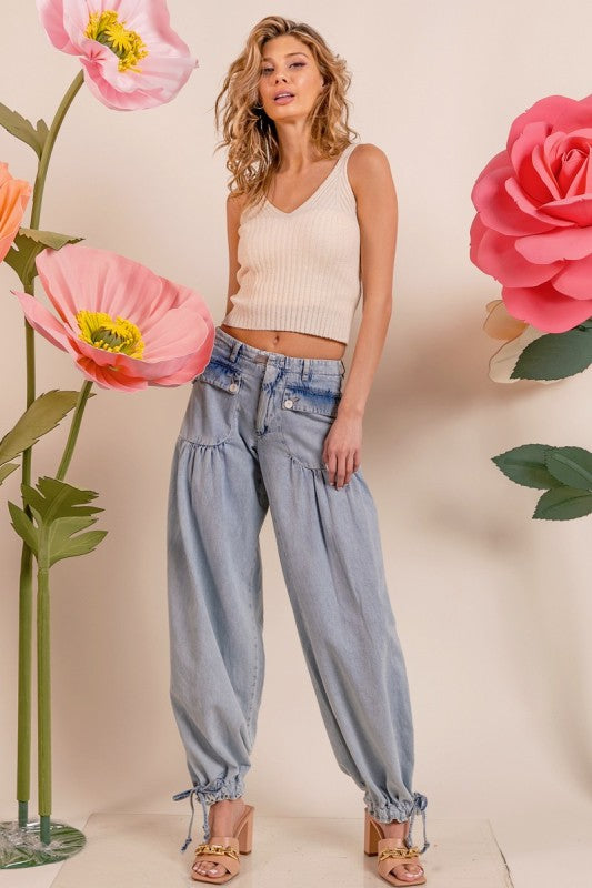 Lt Denim Washed Denim Wide Leg Pants With Tie Hem Detail