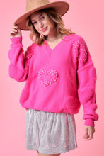 Fuchsia Heart Print Pearl Trim Oversize Sweater