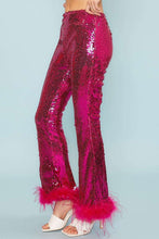 Fuchsia Side Zipper Hem Feather Trim Sequin Wide Leg Pants