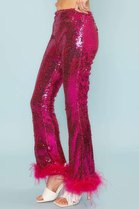 Fuchsia Side Zipper Hem Feather Trim Sequin Wide Leg Pants
