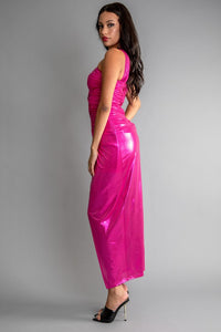 Fuchsia Women Shiny O-Ring Trim Keyhole Long Dress