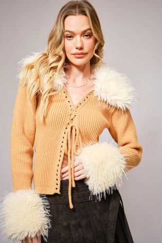 Camel Faux Fur Trim Lace Up Cardigan