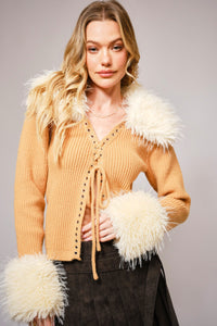 Camel Faux Fur Trim Lace Up Cardigan