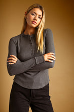 Charcoal Half Snap Button Waffle Fabric Long Sleeve Top