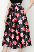 Black Floral Print High Waist Flared Midi Skirt