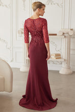 Burgundy Floor Length Mob Gown With 3/4 Sleeves V Neckline