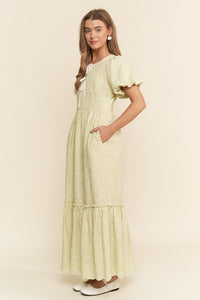 Pastel Lime Finely Floral Embroidered Tiered Maxi Dress