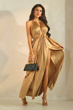 Gold Mocha Sleeveless Front Cutout With Tie Maxi Slit Dress