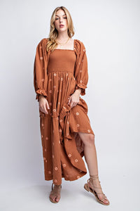 Caramel Gauze Embroidery Smocking Tiered Gradient Dress