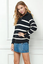Black Stripe Knit Zip-up High Collared V-neck Sweater
