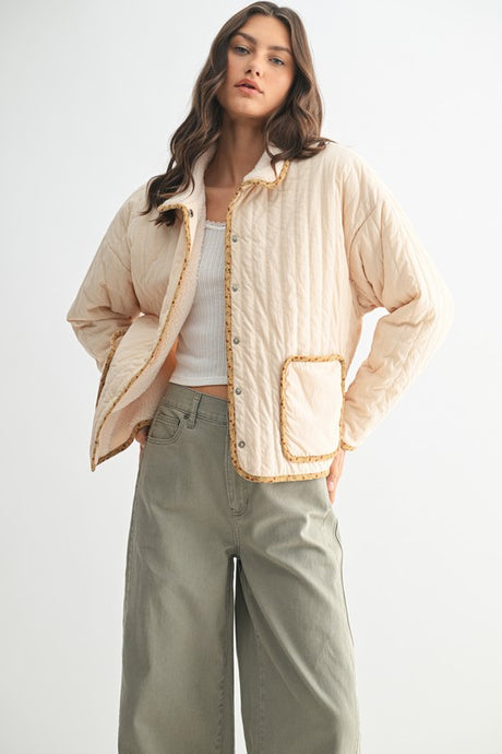 Cream/Taupe Sherpa Floral Piping Detail Jacket