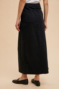 Black Cotton Linen Split Seam Maxi Skirt
