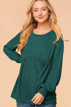 Hunter Green Plus Two Tone Rib Babydoll Bubble Sleeve Knit Top