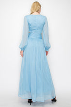 Blue Long Puff Sleeves Shimmer Fabric Side Cut-Out Maxi