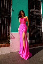 Hot Pink Lace Embroidered Satin Long Slit Evening Dress