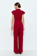 Burgundy High Neck Draped Waist Cap Sleeve Jumpsuit