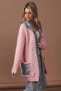 Blush/Denim Washed Checker Denim Zip Up Sweater Cardigan