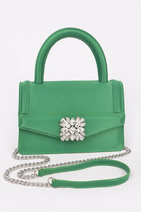 Green Satin Stone Buckle Top Handle Bag