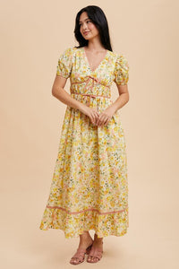 Daffodil Multi Bow Detail Floral Contrast Puff Dress