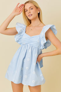 Light Blue Ruffle Shoulder Shirring Babydoll Romper