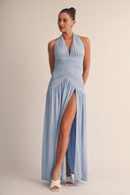Blue Seraphina Ruched Mesh Halter Maxi Dress
