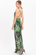 Green Tropical Leaf Anial Print Maxi Dress