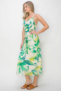 Green Tropical Floral Chiffon Dress