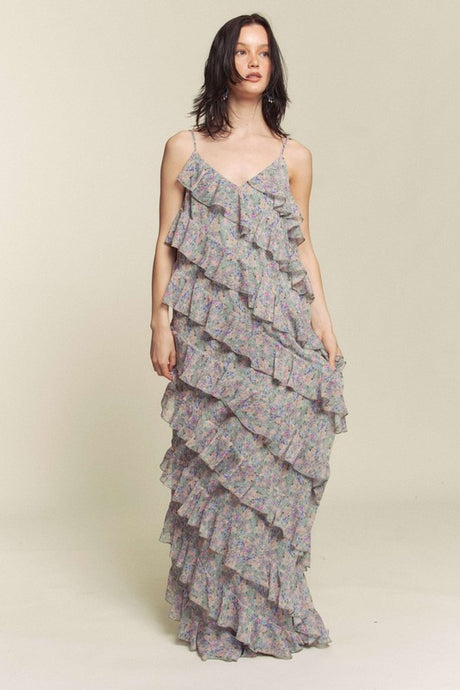 Sage Combo Floral Rufflr Spaghetti Strap Maxi Dress