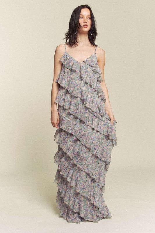 Sage Combo Floral Rufflr Spaghetti Strap Maxi Dress
