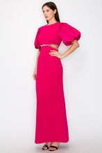 Pink Puff Sleeves Rhinestione Side Cutout Maxi Dress