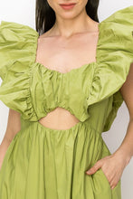 Green Cotton Ruffle Shoulder Tiered Sleeve Maxi Dress