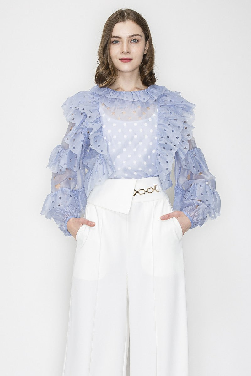 Ice Blue Ruffleed Laser-cut Long Sleeves Blouse Top