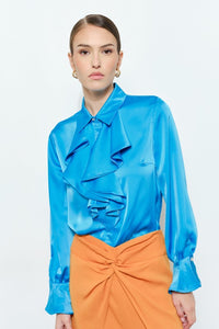Teal Chic Satin Ruffled Jeweled Bell Sleeves Blouse Top
