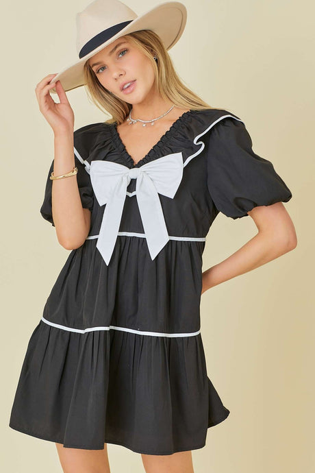 Black Bow Ruffle Contrast Mini Dress