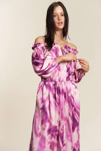 Fuchsia Combo Combo Offshoulder Tiedye Satin Jumpsuit