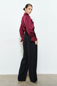 Wine Chic Satin Ruffled Jeweled Bell Sleeves Blouse Top