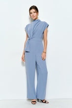 Cornflower Blue High Neck Draped Waist Cap Sleeve Jumpsuit