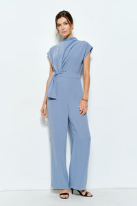 Cornflower Blue High Neck Draped Waist Cap Sleeve Jumpsuit
