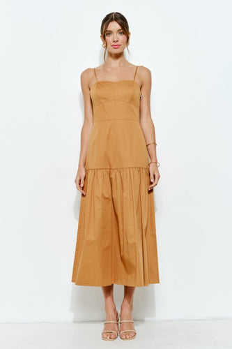 Mustard Square Neck Tiered Sleeveless Midi Dress