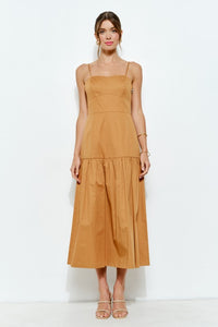 Mustard Square Neck Tiered Sleeveless Midi Dress