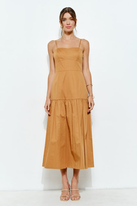 Mustard Square Neck Tiered Sleeveless Midi Dress