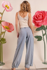 Lt Denim Washed Denim Wide Leg Pants With Tie Hem Detail
