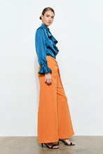 Teal Chic Satin Ruffled Jeweled Bell Sleeves Blouse Top